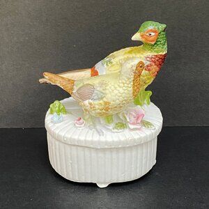 Vintage Japanese Trinket Dish with Pheasants - Porcelain - Flowers - Footed